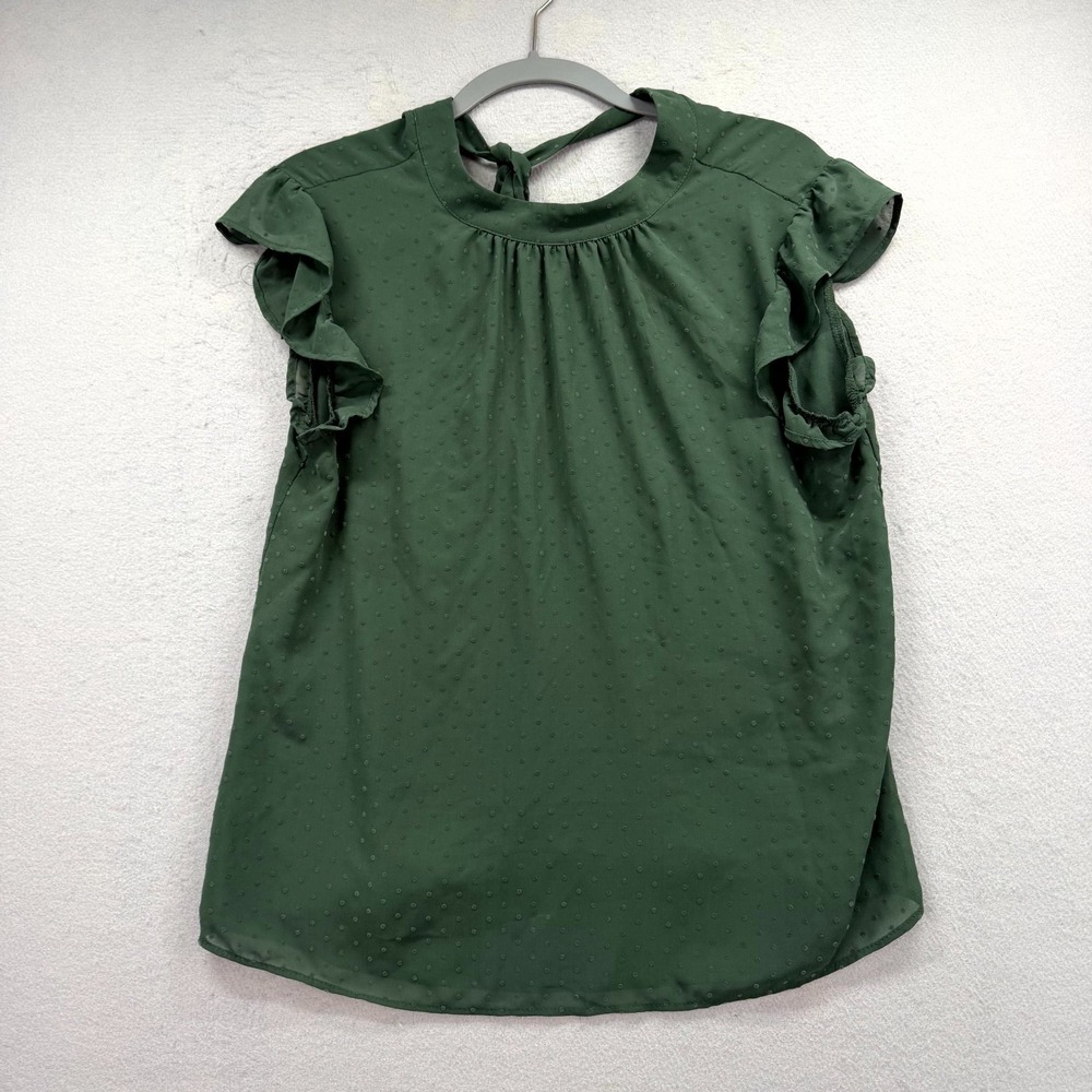 Les Serein Blouse Top Women M Green Swiss Dot Texture Ruffle Cap Sleeve Tie Back